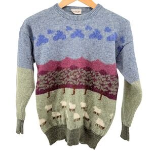 Vintage Pure New Wool Sheep Landscape Intarsia Knit Sweater Blue Green Sz 40